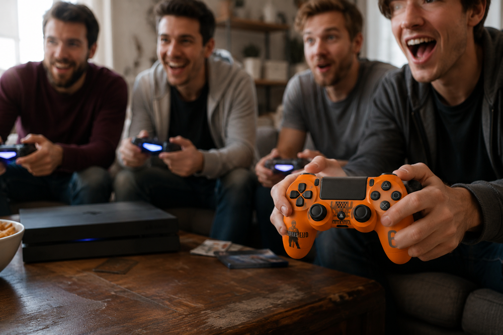 گیمرها در حال بازی با دسته بازی سونی مدل SONY DUALSHOCK PS4 طرح 6 BATTLEFIELD نارنجی